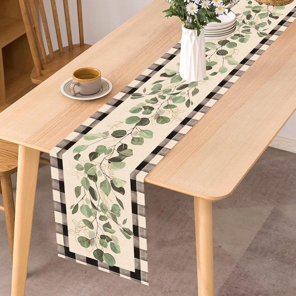 Seliem Spring Eucalyptus Leaves Greenery Table Runner, Black White Buffalo Plaid Check Kitchen Dining Table Decor, Green Plants Botanical Summer