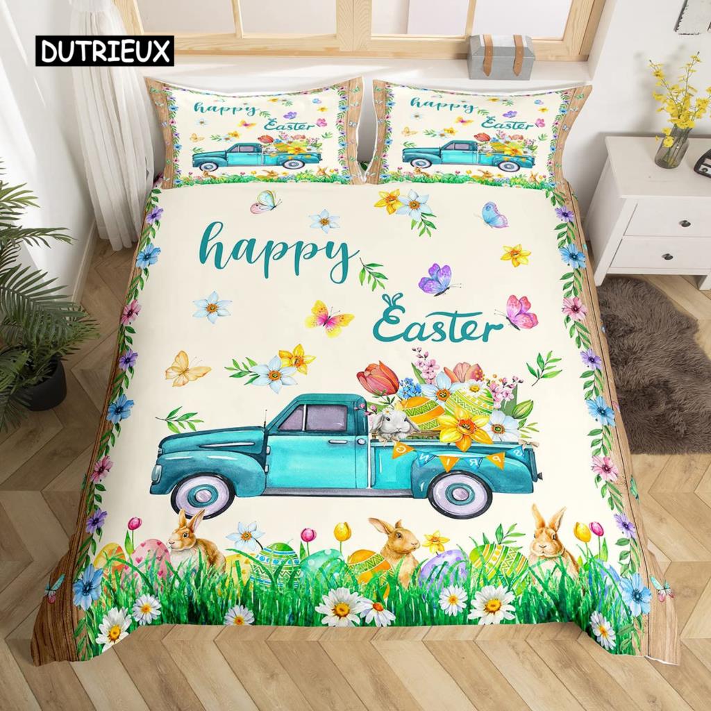 Easter Rabbit Tail Comforter Cover Pastel Pink Tulip Flowers Duvet Cover Twin Easter Eggs Kawaii Animal Bedding Set Easter Decor