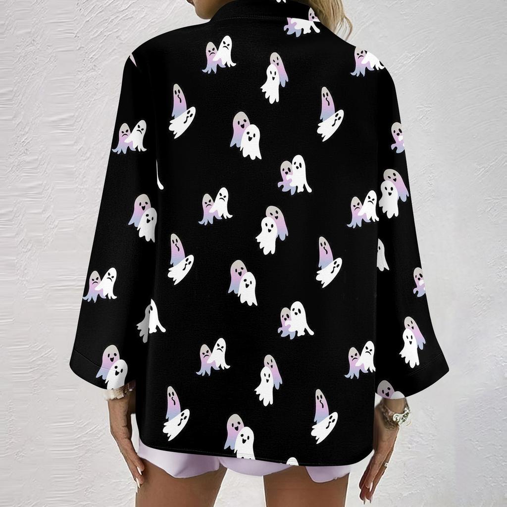 Damen Modisches Und Lässiges Hemd Langarm V-Ausschnitt Knopf Bedruckte Bluse Top