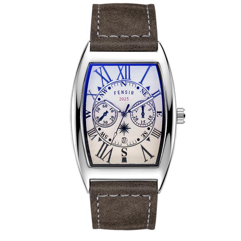 Finish Big Barrel Men's Watch: European & American Style, Leather Strap, Waterproof, Calendar, Casual Office Wear.