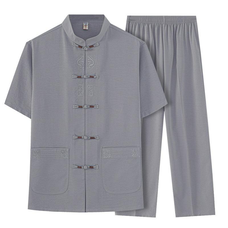 Chinese Style Chinese Style Cotton and Linen Men's Tang Suit Jacket Short-sleeved Men's Summer Shirt Tai Chi Suit