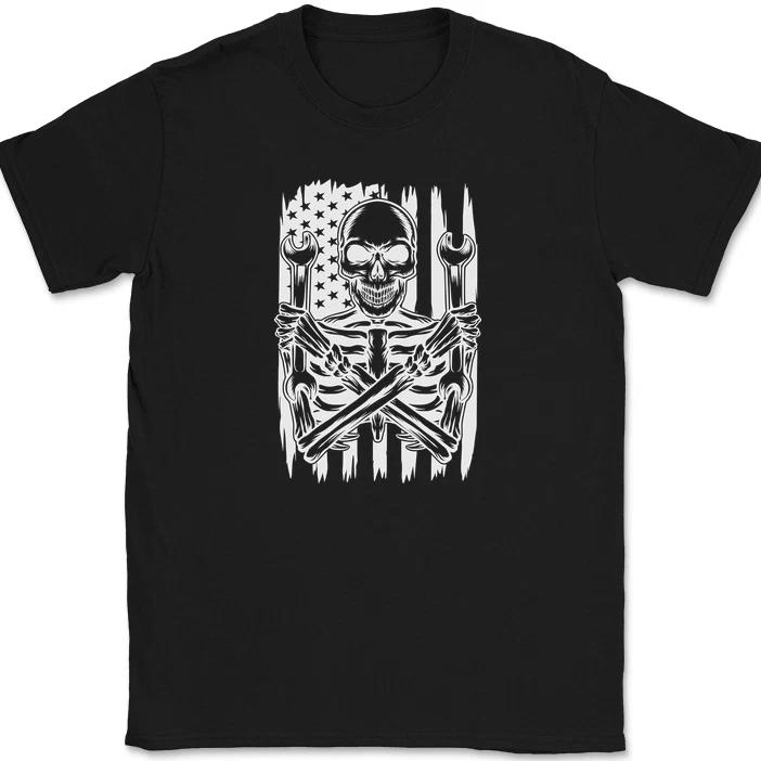 

USA Skull Mechanic T-Shirt America Skeleton Fixer Handy Man Gift Tee 3XL