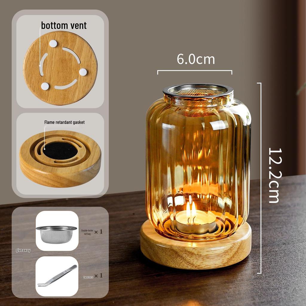 Solid Wood Glass Atmosphere Lamp & Candle Holder with High Transparency Incense Burner for Wax