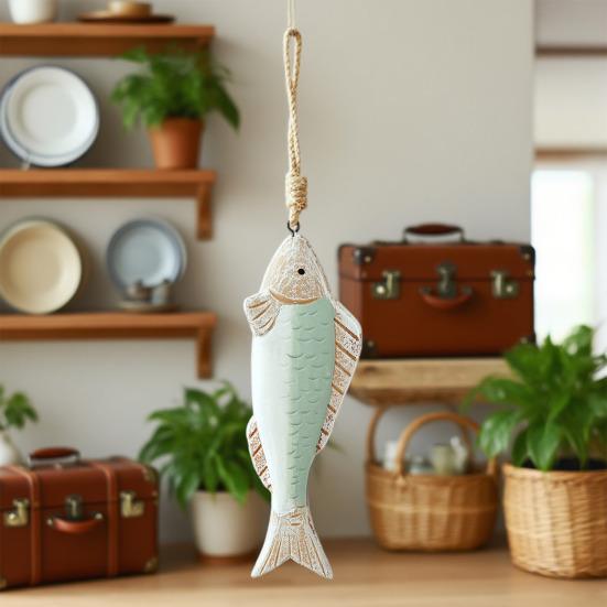 Mediterranean Vintage Wooden Fish Decoration Farmhouse Rustic Nautical Home Restaurant Wall Art Fish String Hanging Ornament Pendant