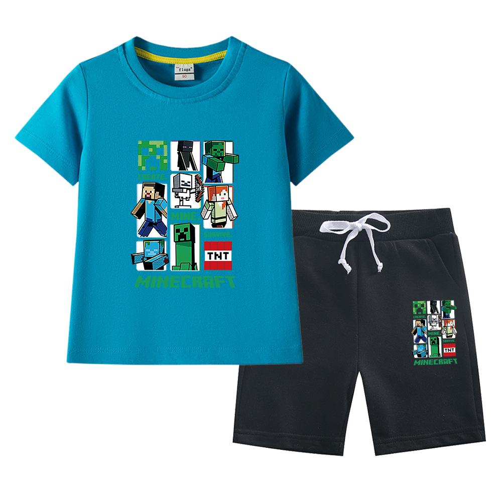 Minecraft Kids' Summer Outfit: Pure Cotton Short Sleeve T-Shirt & Shorts Set for Boys & Girls