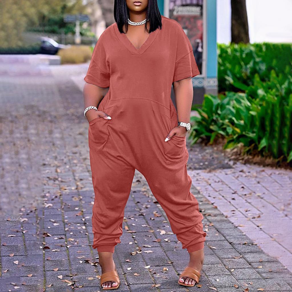 Women's Plus Size Loose Casual Short Sleeve V-Neck Solid Pocket Jumpsuit