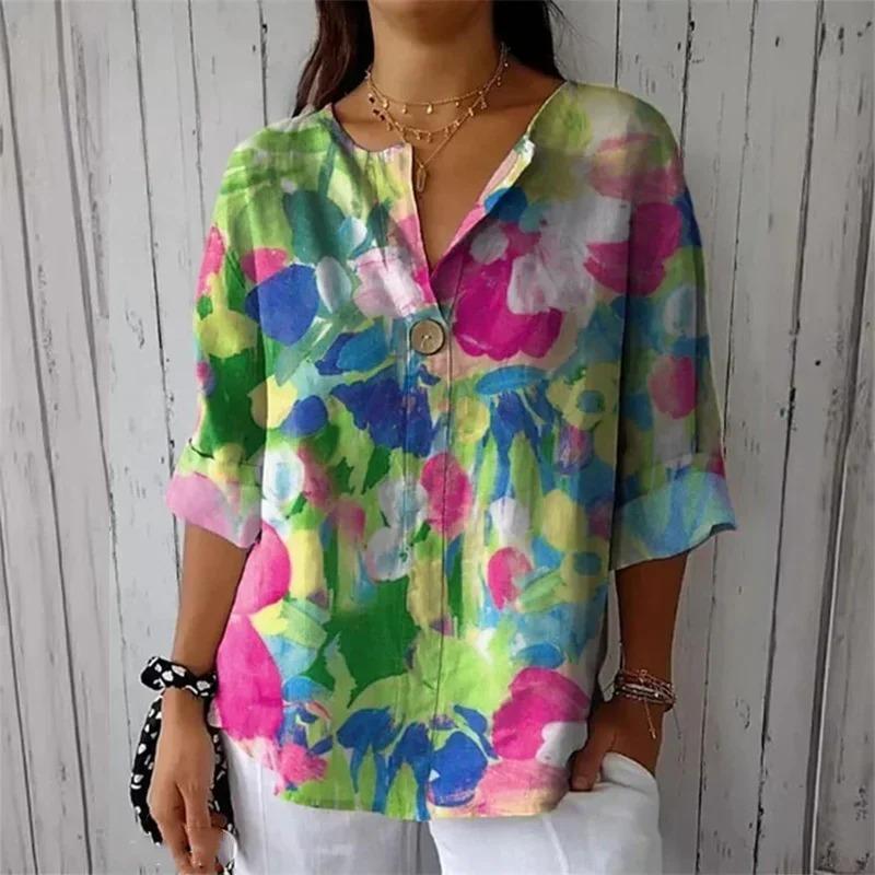 Dame Genser med Knappedekorasjon Elegant Bluse med Blomsterprint Dame Casual Halvsplitt Krage Ni-kvart Ermer Topper 2025