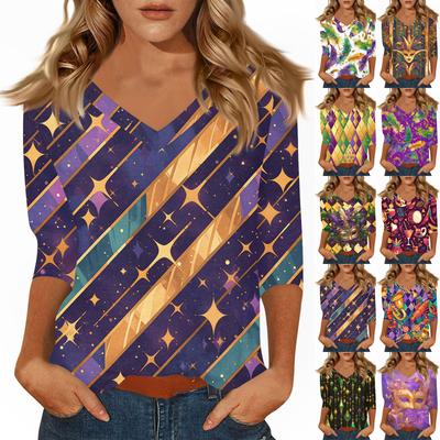 Damen T-Shirt Print 3/4 Ärmel Alltag Wochenendmode Basic V-Ausschnitt Normales Oberteil