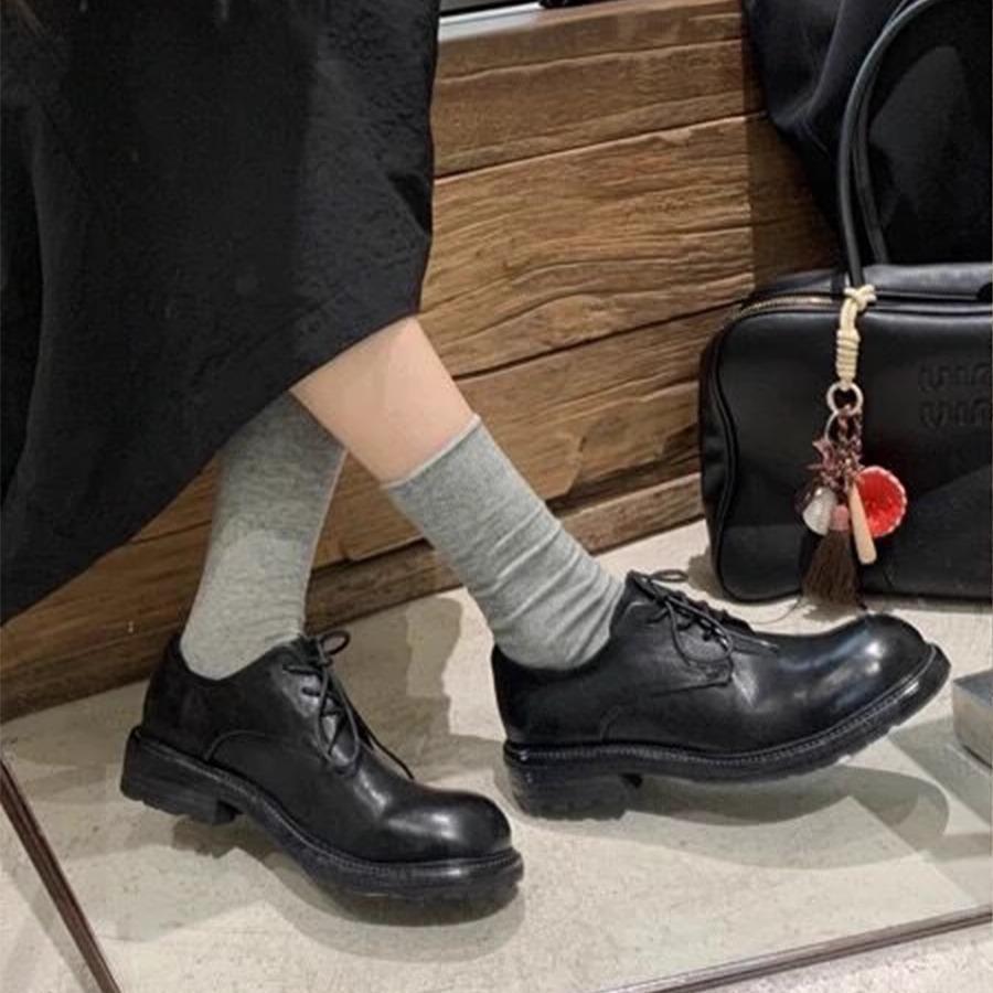 Washed horse leather~ Genuine leather retro British lace-up small leather shoes women's autumn and winter new Derby loafers thick heel single shoes