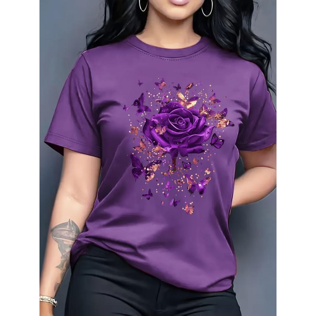 Ladies' casual short sleeved round neck T-shirt
