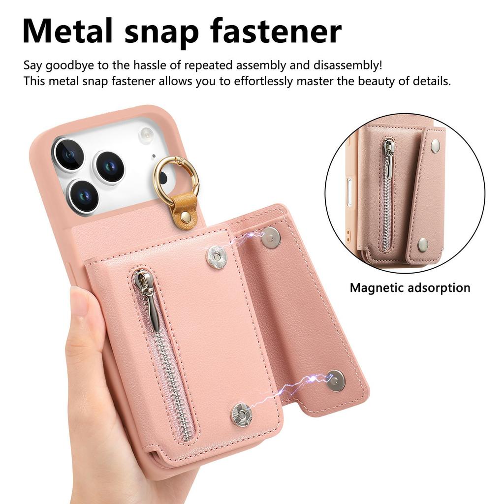 For iPhone 17 Pro Case D-Ring Holder Leather + PC + TPU Phone Cover with Wallet Kickstand
