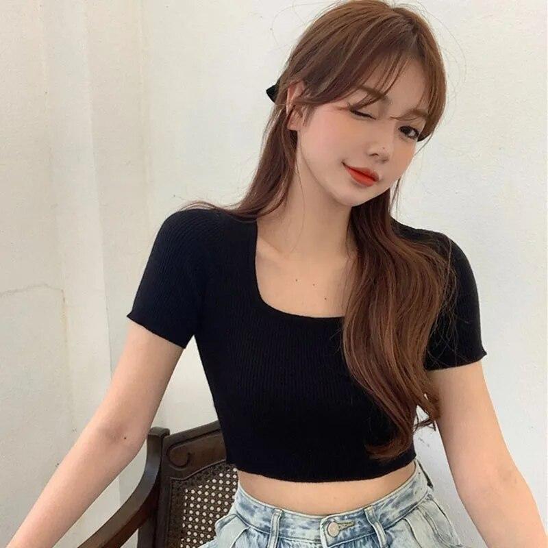 Women's Korean Square Collar Solid Short Sleeve Knitted Slim Pullover T-Shirt