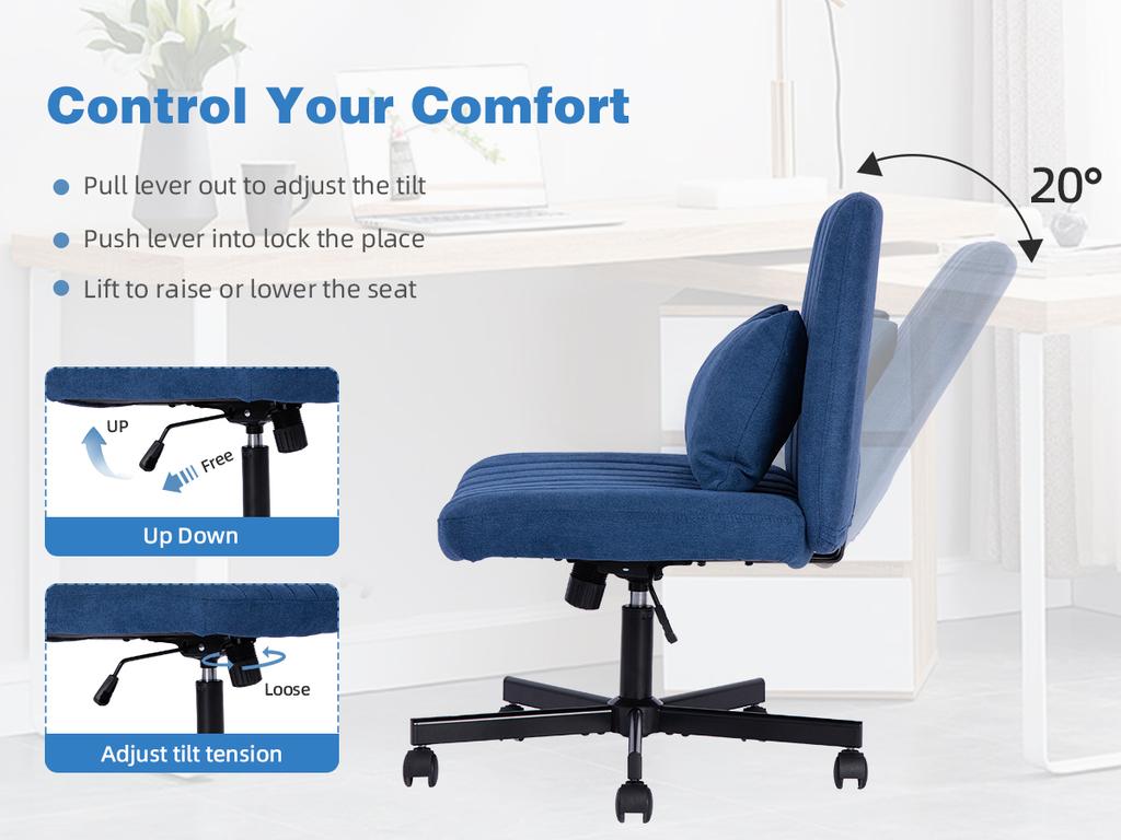 Modern Home Office – Height-Adjustable Swivel Chair without Armrests with Quiet Casters & Cushion – Elegant Fabric Chair for Study & Living Room