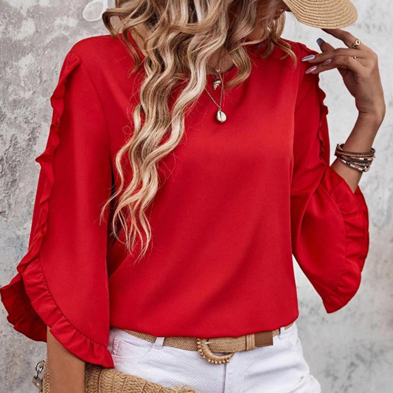 Ladies Summer Ruffles Half Sleeve Solid Color Pullover T Shirt Top