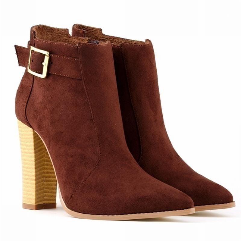 TodayDeal Dames Enkellaarsjes Mode Winterlaarzen Flock Dikke Hakken Schoenen Hoge Hakken Ritsen Puntige Neus Dames Elegante Enkellaars Grote Maat 38 koffie