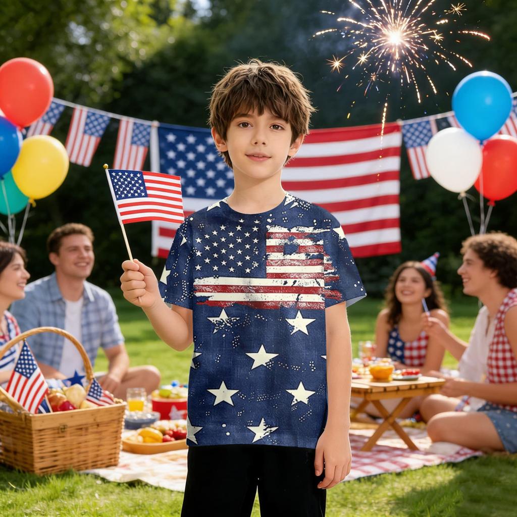 Kids Independence Day Print Round Neck Short Sleeve Casual T-shirt