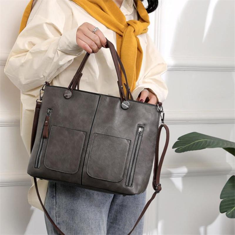 Europe America Retro Leather Handbag Shoulder Bag, Two Pocket Zipper Tote Bag, Classic Crossbody Bags for Women Work Business