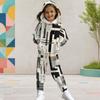 Girls Geometric Printed Hooded Long Sleeve Two Piece Tracksuit Kangaroo Pocket Cuffed Pants Set