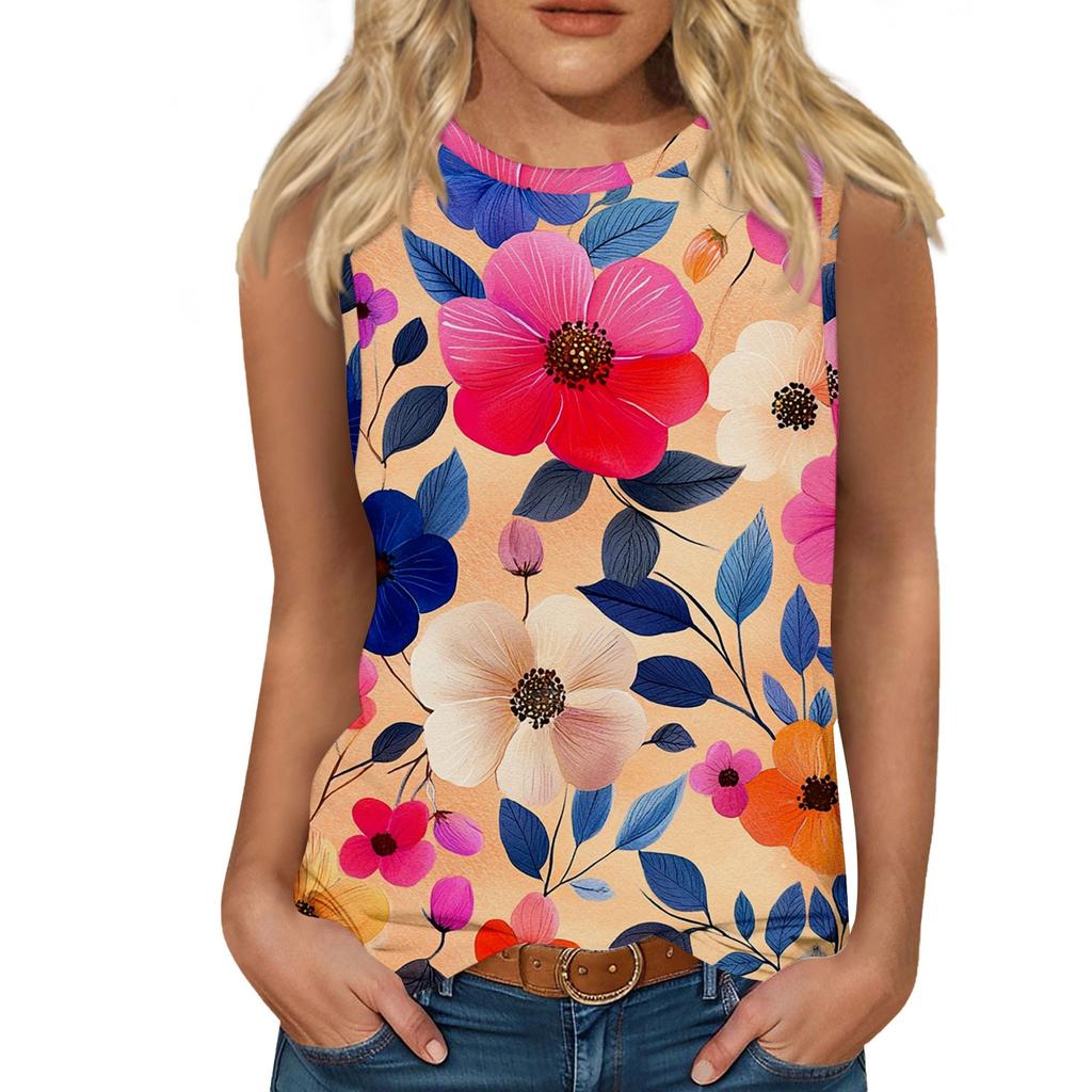 Women's Casual Round Neck Printed Sleeveless Vest Tops Vest