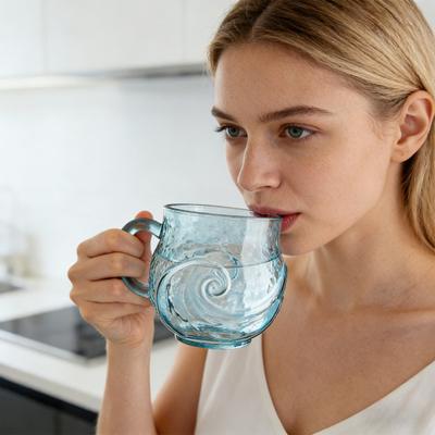 Sonnenuntergang Welle Glasbecher Kaffee Tee Weinbecher 393ml Einzigartige Meeresglas Textur Farbverlauf Eisgetränk Glasware Handwerkliche Heimdekoration