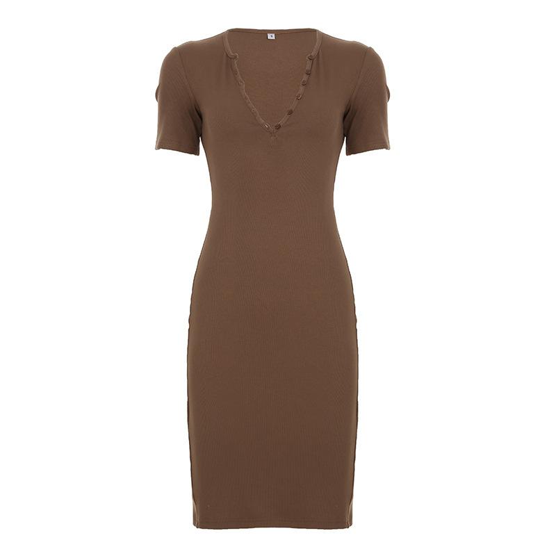 American Simple Style V-neck Breasted Waist and Thin Knitted Skirt Women's High Waist Low Chest Sexy Hip-wrapped Dress
