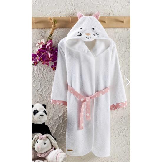 

Детский халат с капюшоном, 100% хлопок, водопоглощающий, для девочек и мальчиков, с кошкой, белый цвет 1-2 age