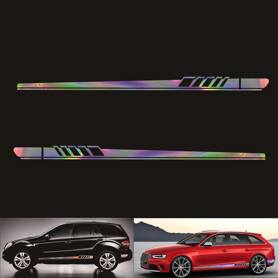 2Pcs Laser Reflective Car Auto Graphics Both Side Body Vinyl Decal Sticker Sports Racing Race Car Long Stripe Decals