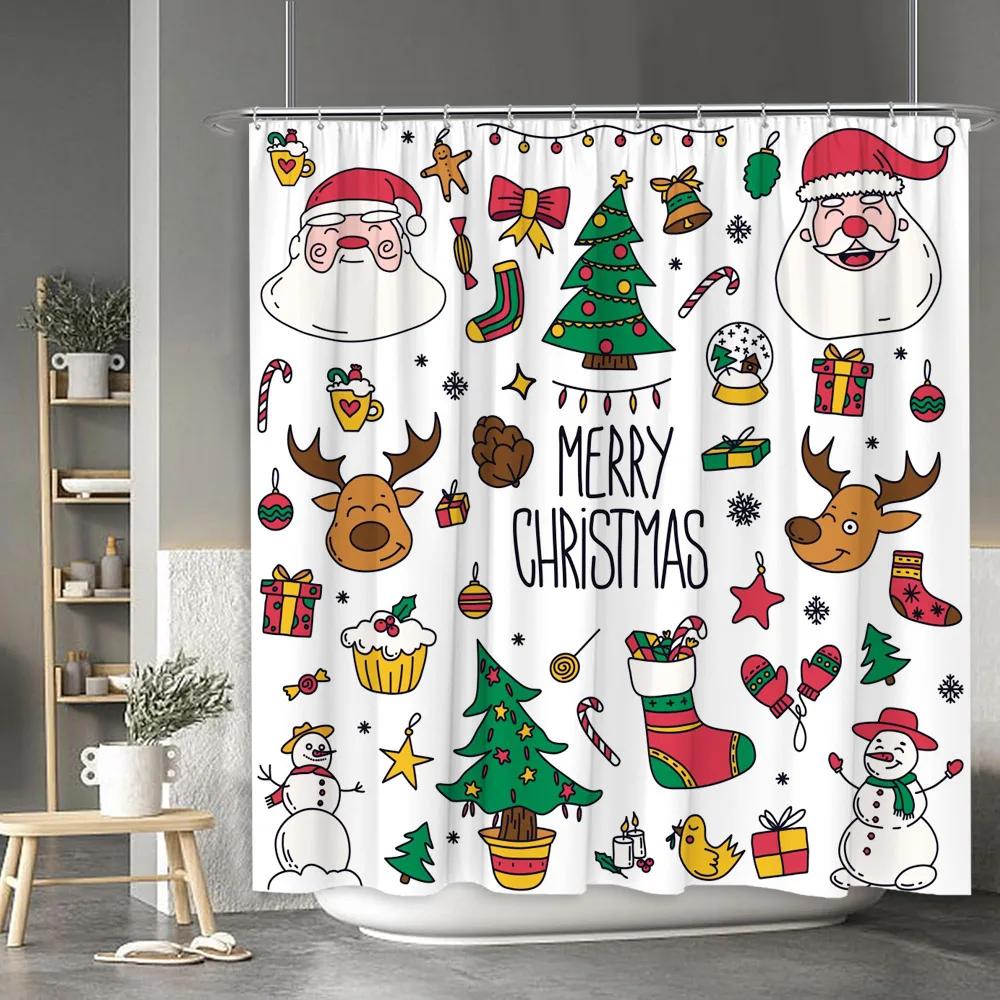 

Christmas Shower Curtain Santa Claus Snowman Moose Cartoon Christmas Tree Winter Home Polyester Fabric Bathroom Decor Curtains 90x180cm-35x70in