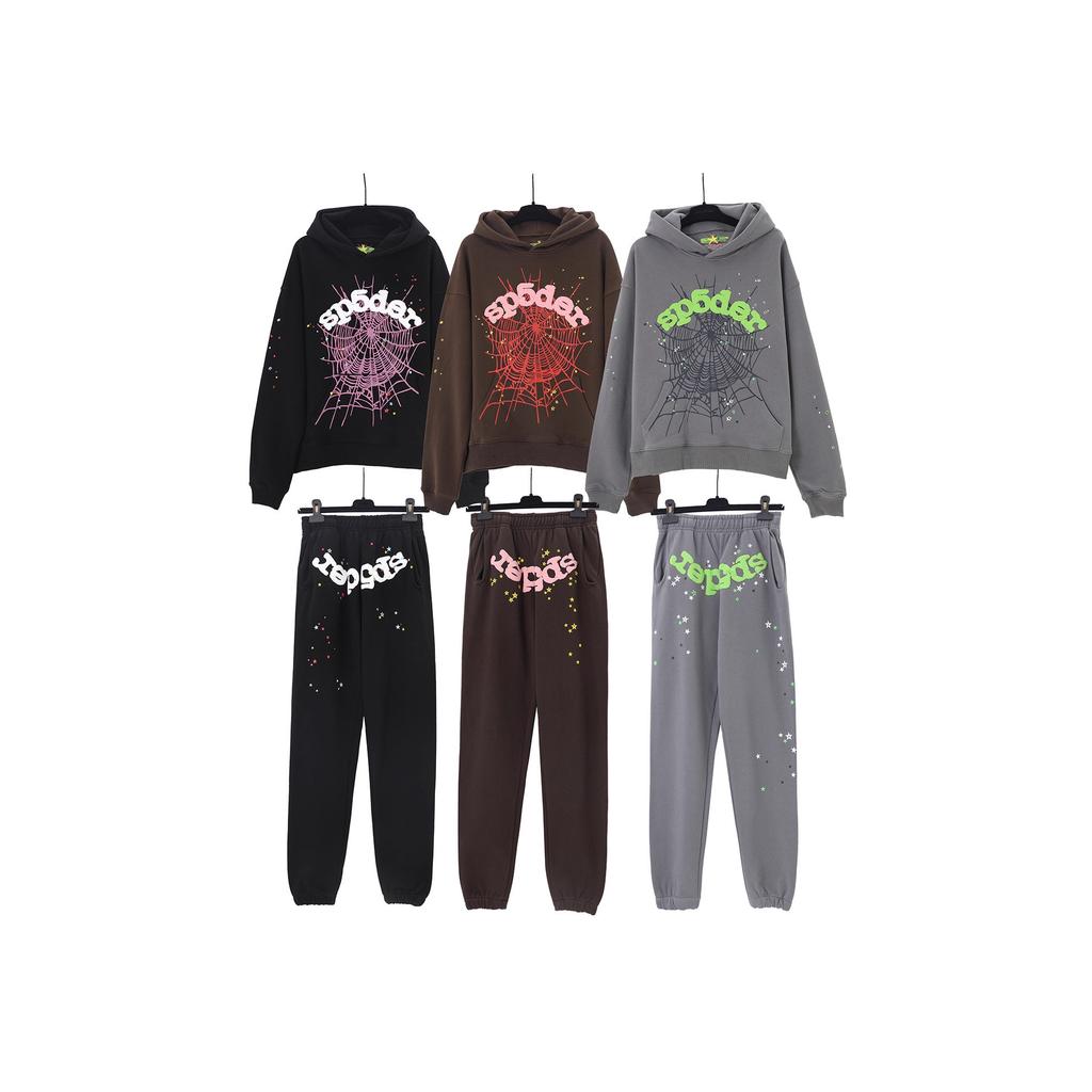 American high street trendy brand Sp5der letter star printed hoodie for men and women of the same sweater pants set wholesale