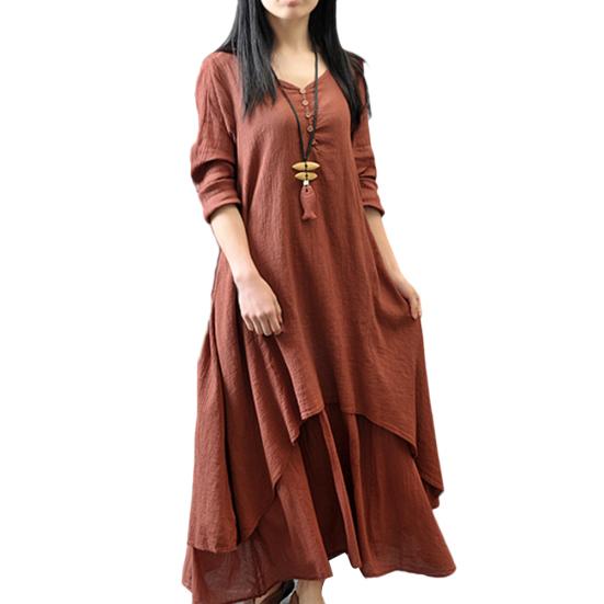 Women Cotton Linen Asymmetric Large Swing Button Loose Long Sleeve Maxi Dress