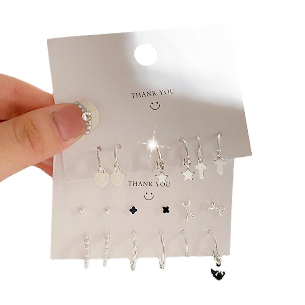 Sweet and Cool Jewelry Ins Cold Wind Love Ring Six-piece Set of Earrings, Personalized Ear Buckles, High-end Card Earrings.