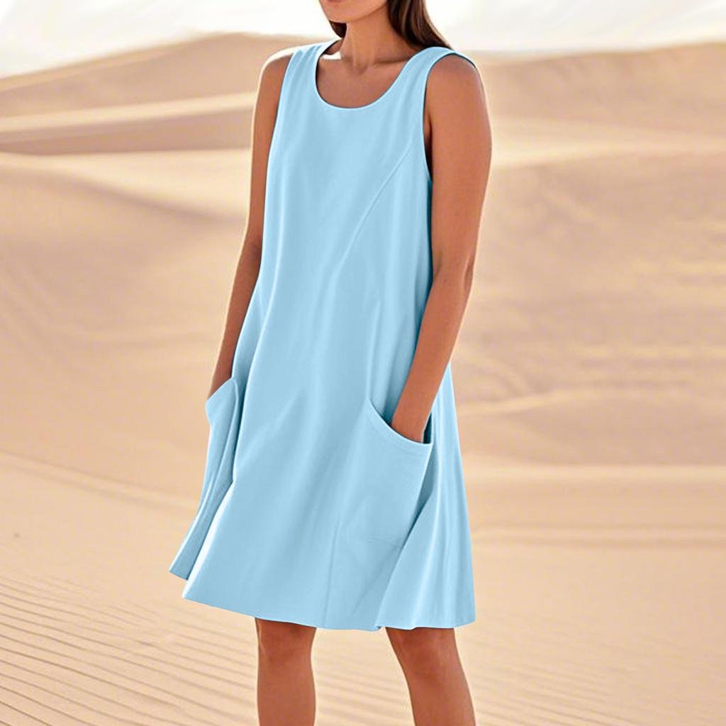 Sommerkleider für Damen, lockerer Strandurlaub, lässig, ärmellos, Sommerkleider mit Taschen, Tankkleid