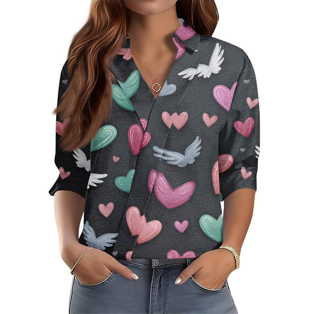 Damen 3/4-Ärmel V-Ausschnitt Hemd Bedruckte Arbeitskleidung Lässig Regulär Hemdkragen Oberteil