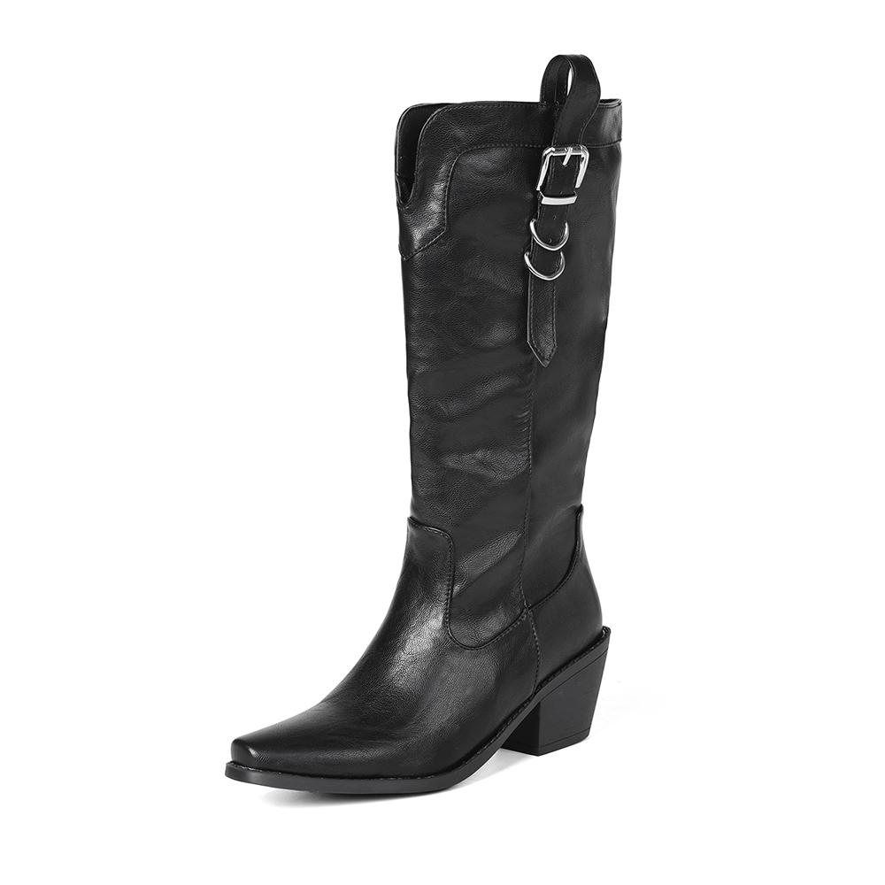 Brown Black Women Knee High Boots High Block Heel Big Size 46