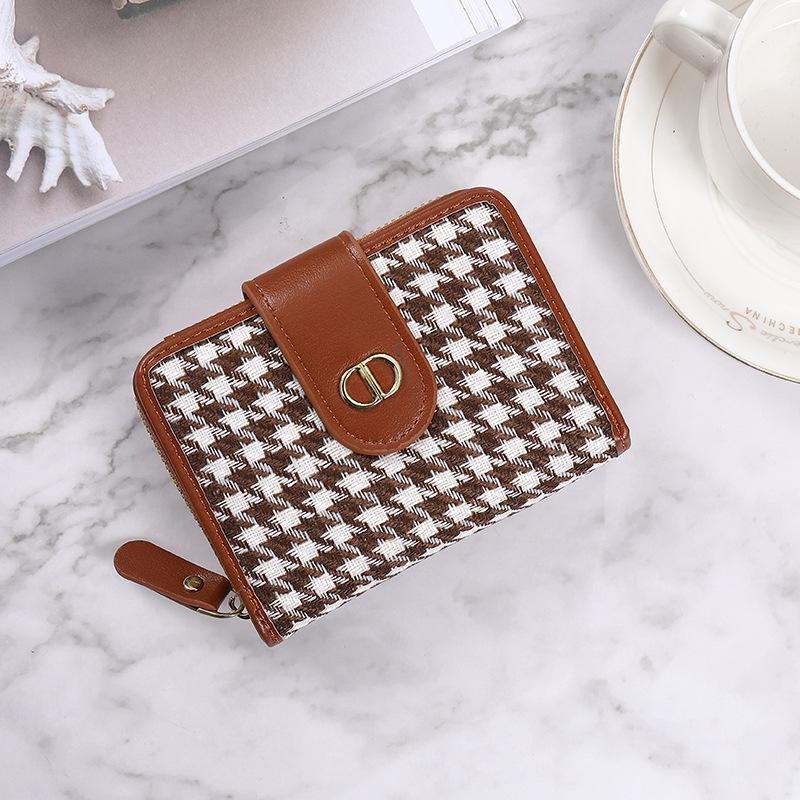 Light luxury new small wallet women's short buckle thousand bird grid canvas multi-card anti-degaussing large-capacity high-end wallet