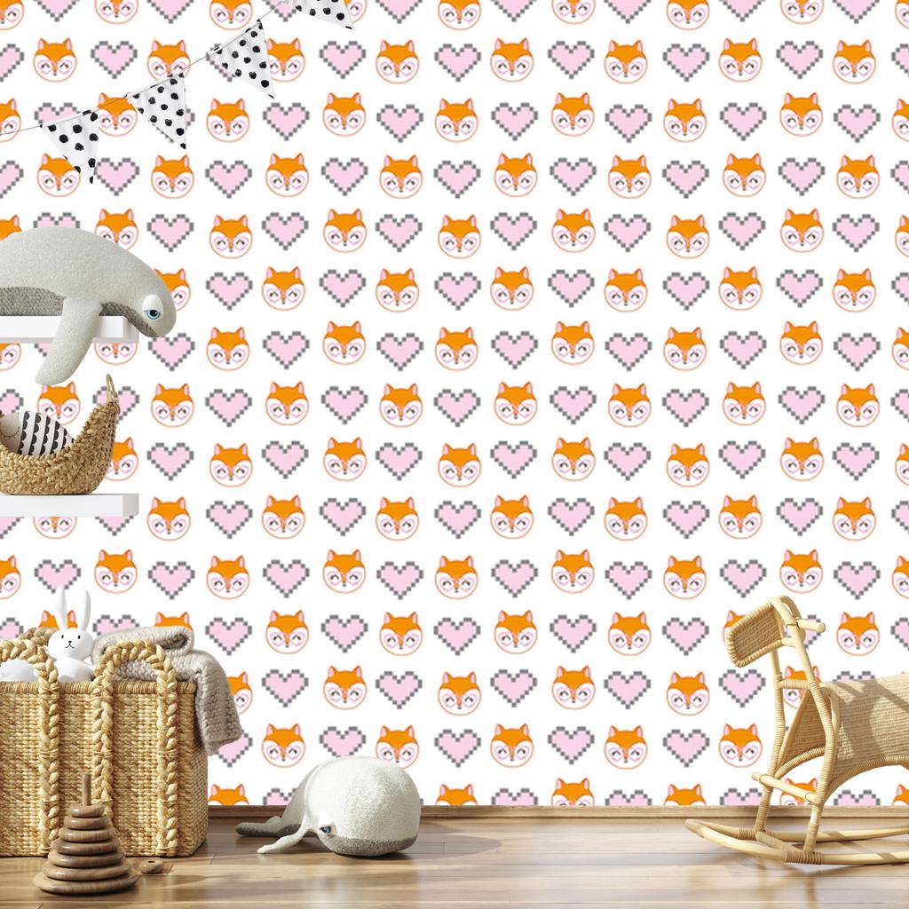 Joyful foxes with hearts wallpaper for living room and bedroom 50x1000