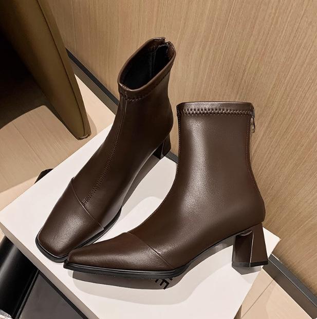 French retro thin boots women's Martin boots autumn and winter temperament foreign style square head high heels short boots thick heel elastic single