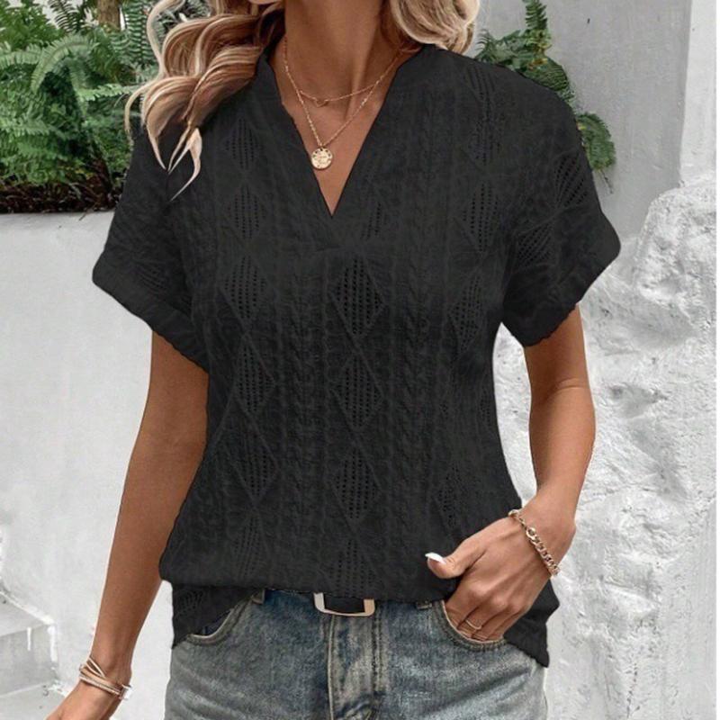 

Женский летний пуловер с короткими рукавами и V-образным вырезом, однотонный, жаккардовый, с ажурной вставкой S