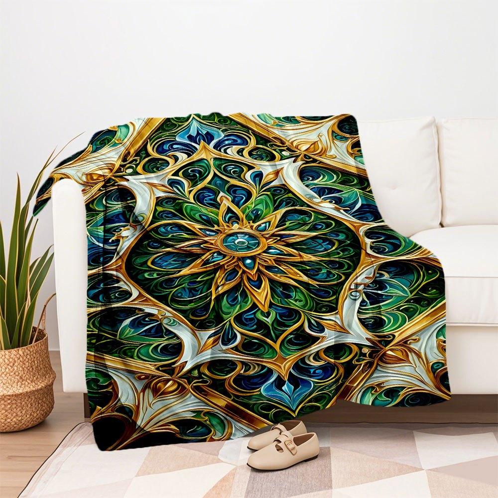 "Golden Mandala Artwork: Vibrant Green & Blue Decorative Pattern"Blanket Flannel Throw Blanket for Sofa, Bed, Travel, Camping, Office, Couch
