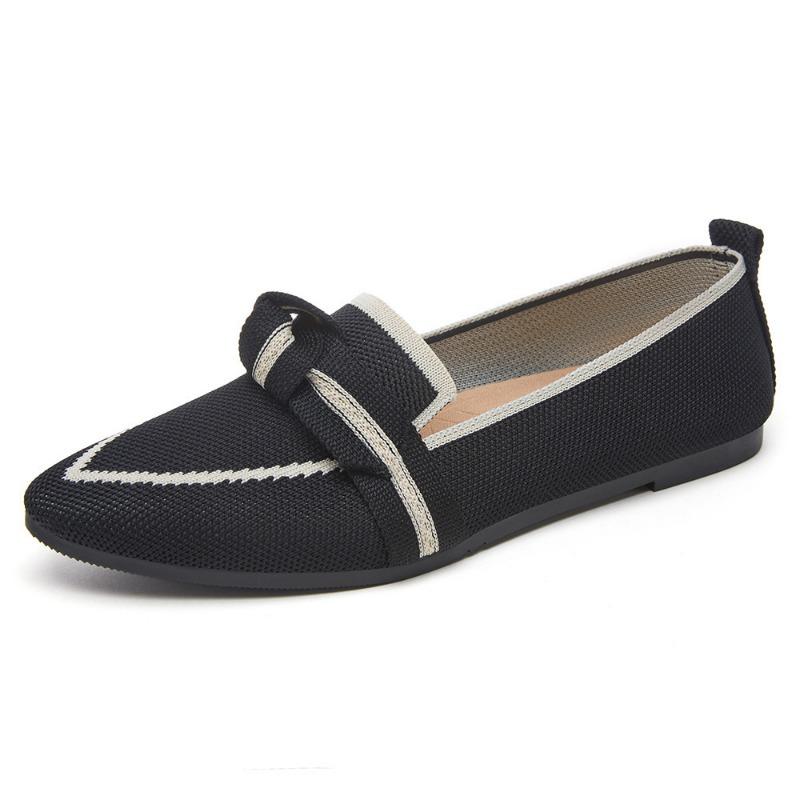 Women's Shoes Are Thin, Pointed, Flat-bottomed Single Shoes, Women's Flying Weaving, One Pedal, Bow, Casual and Breathable