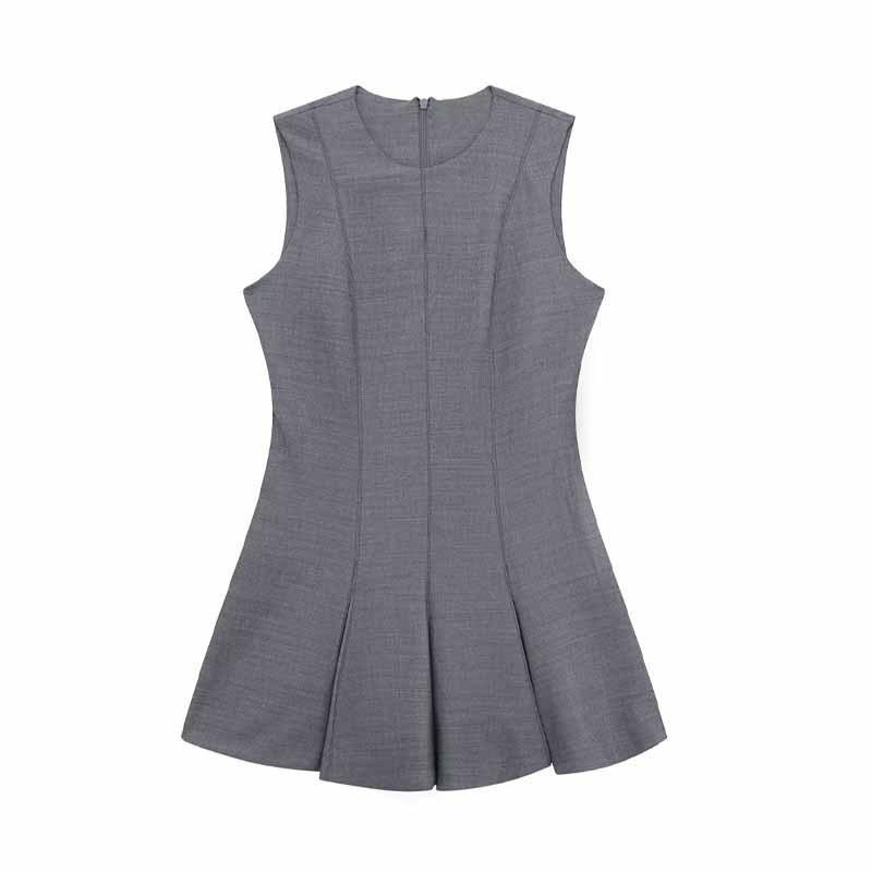 

European American Women s Clothing Fashionable Sleeveless Pleated Fluffy Skirt Short Dress S сірий