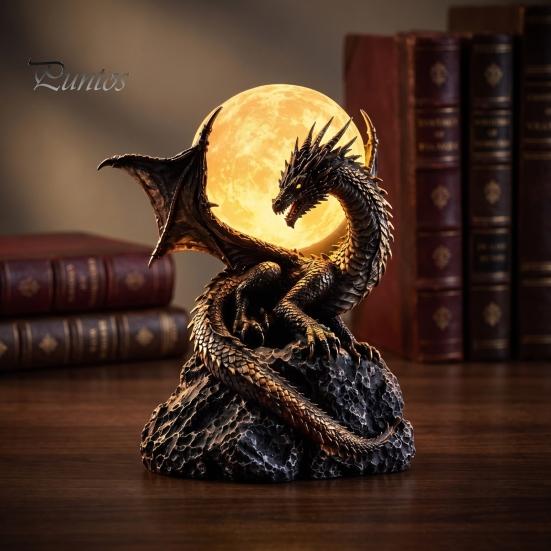Resin Dragon Sculpture Gothic Moon Statue Lamp, Figurine LED Night Light, Unique Ambient Lighting Sculptural Table Lamp for Room Fantasy Decor, Lovers