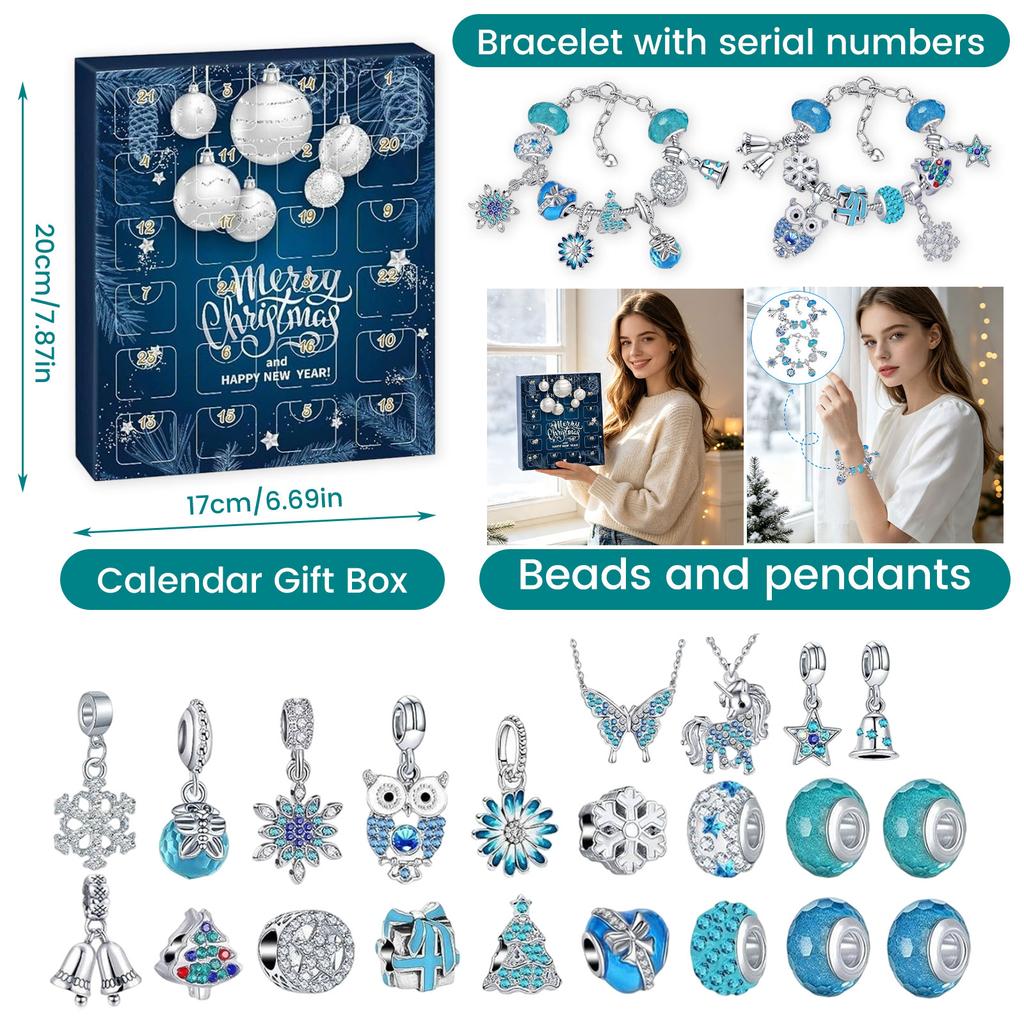 -Day Christmas Advent Calendar with Alloy Bracelet Jewelry Set, Gift for Women and Girls