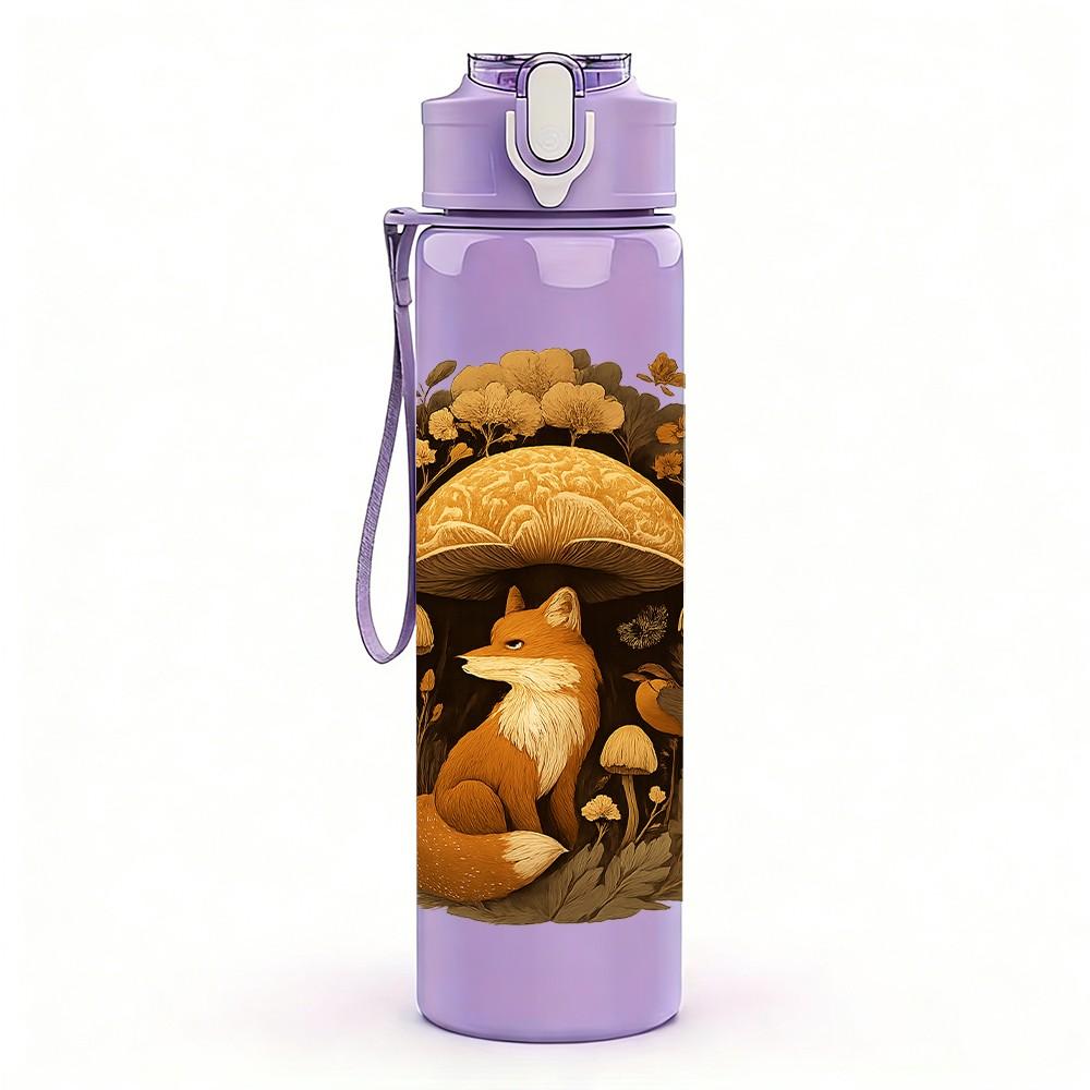 1PC Mushroom Forest Fox Art 750ml Color Plastic Sports Water Bottle Leakproof Flip Straw Lid Suitable for Sports Office Home Use