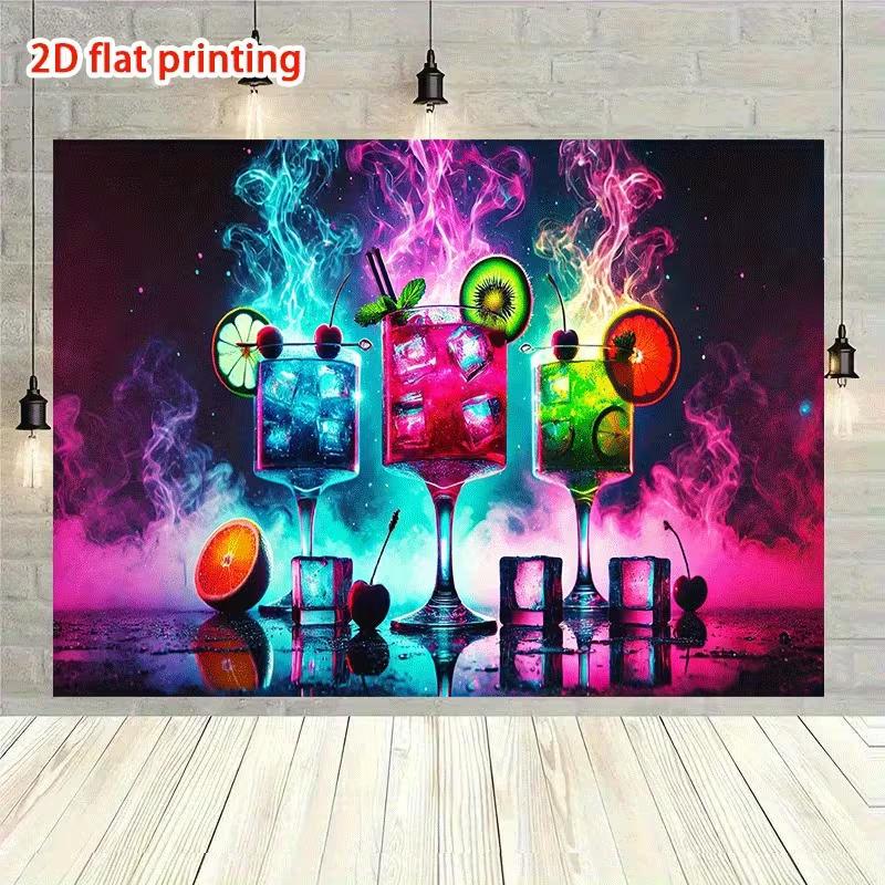 Colorful Tropical Cocktail Tapestry, Neon Palm Tree Sunset Background