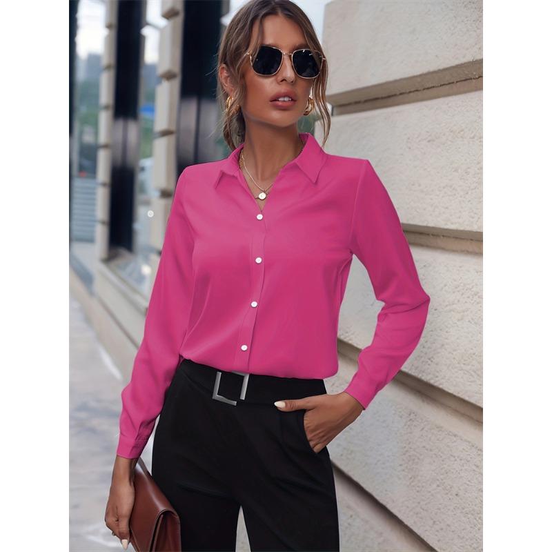 Chemise Femme Tempérament Décontractée Ample Confortable Bouton Revers Mode Chemise Couleur Unie Manches Longues Chemise de Bureau Femme