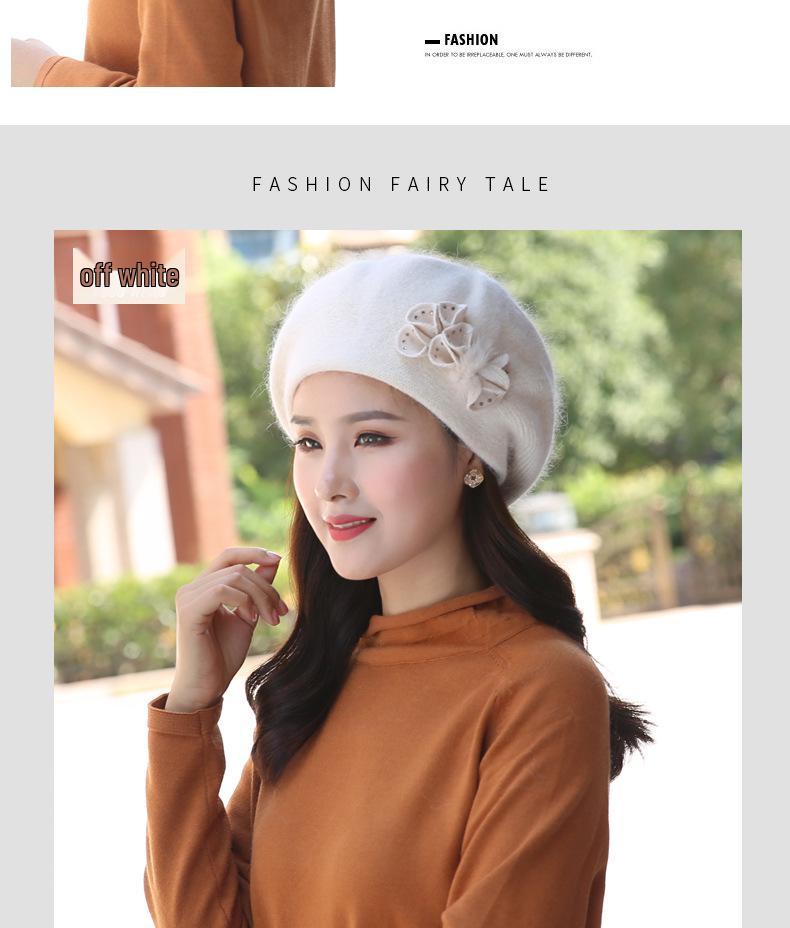 Women's Winter Fashion Knitted Wool Beret with Rabbit Fur - Cute Korean-Style Beanie