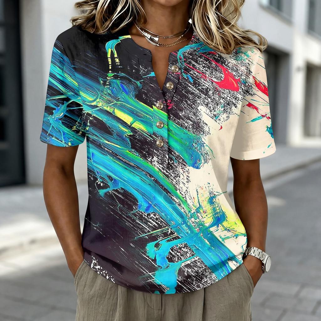 Women's Short Sleeve Trendy Printed Shirt Cotton Linen Lightweight Comfortable Button Placket Casual Summer Blouse Top
