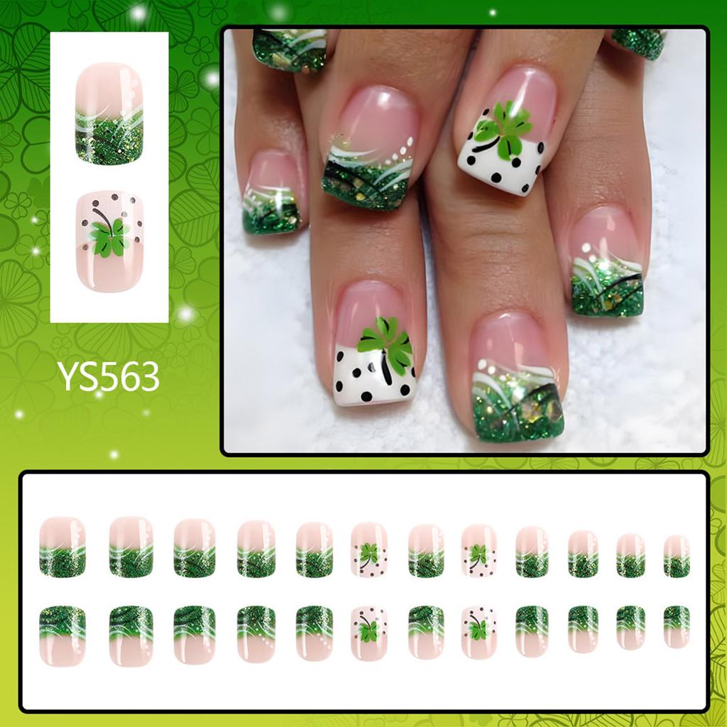 24 Pcs French Tip Press On Nail Short False Nail Shamrocks Stick On Nail Saint Patricks Day Acrylic Nail for Woman
