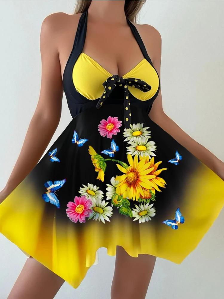 

Комплект из двух предметов с принтом подсолнухов, купальник-танкини с бантом и оборками, плавки с высокой талией, женский купальник, пляжный костюм XL синий